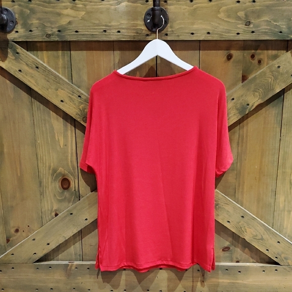 Chico's Red Cut Out Short Sleeve Blouse - Picture 5 of 6